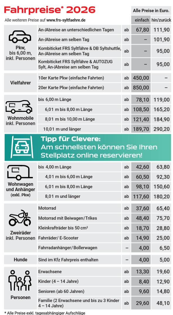 Syltfähre Preistabelle / Kosten 2026